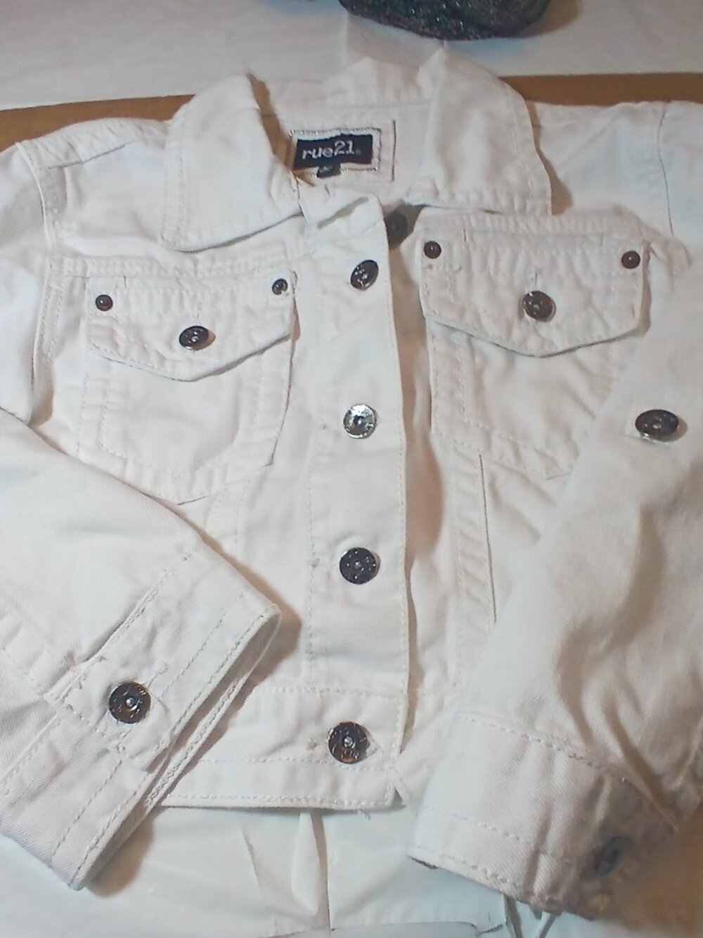 Rue 21 Button Up Cropped Denim Jacket- White Large